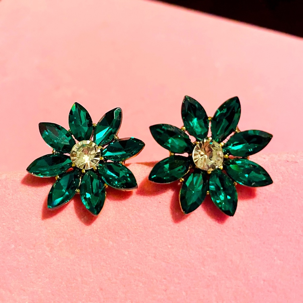 Green Rhinestone Flower Earrings